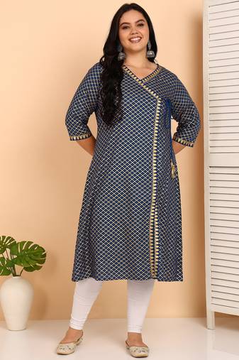 Women’s rayon plus size angrakha kurti v-neck, 3/4 sleeves (blue)
