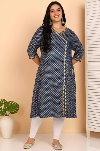 Women’s rayon plus size angrakha kurti v-neck, 3/4 sleeves (blue)