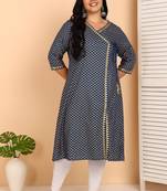 Women   s rayon plus size angrakha kurti v-neck, 3/4 sleeves (blue)