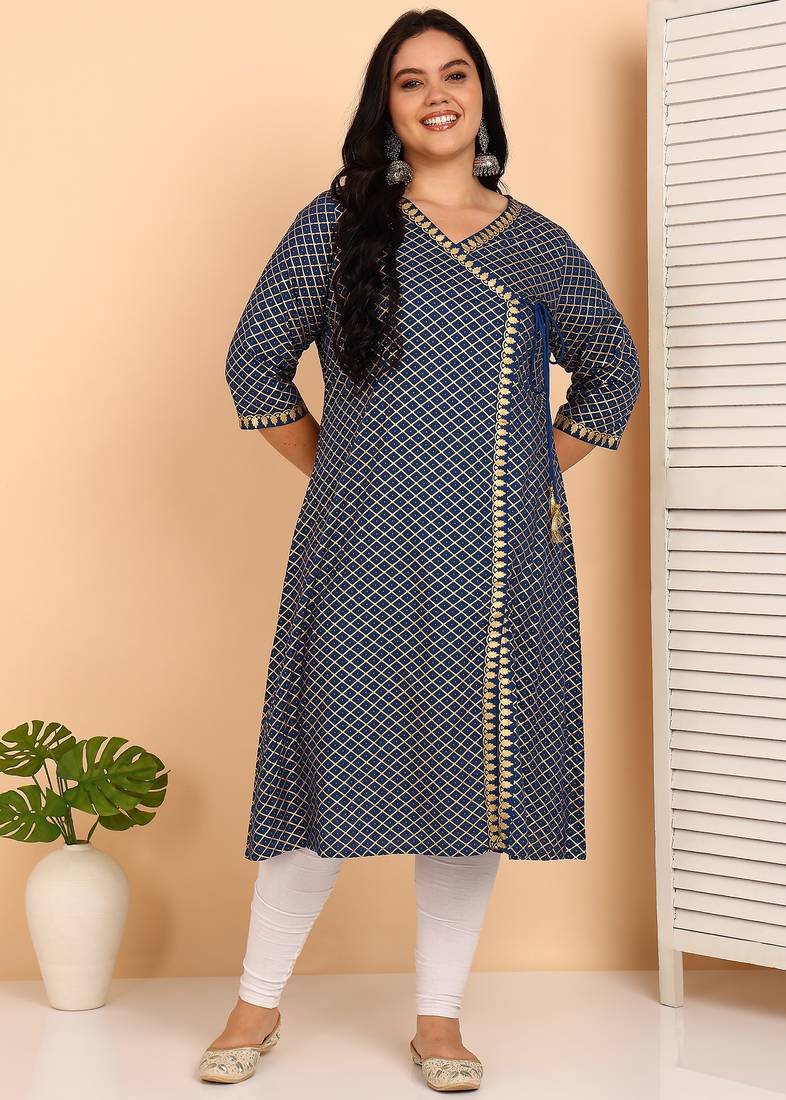 Women’s rayon plus size angrakha kurti v-neck, 3/4 sleeves (blue)