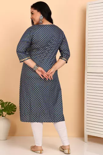 Women   s rayon plus size angrakha kurti v-neck, 3/4 sleeves (blue)