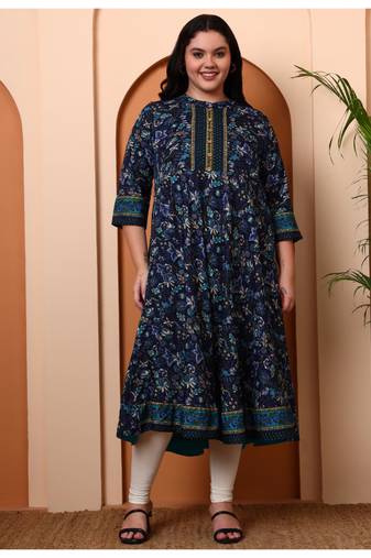 Women's polyester 3/4 sleeve mandarrian collar floral printed anarkali kurta –( blue)
