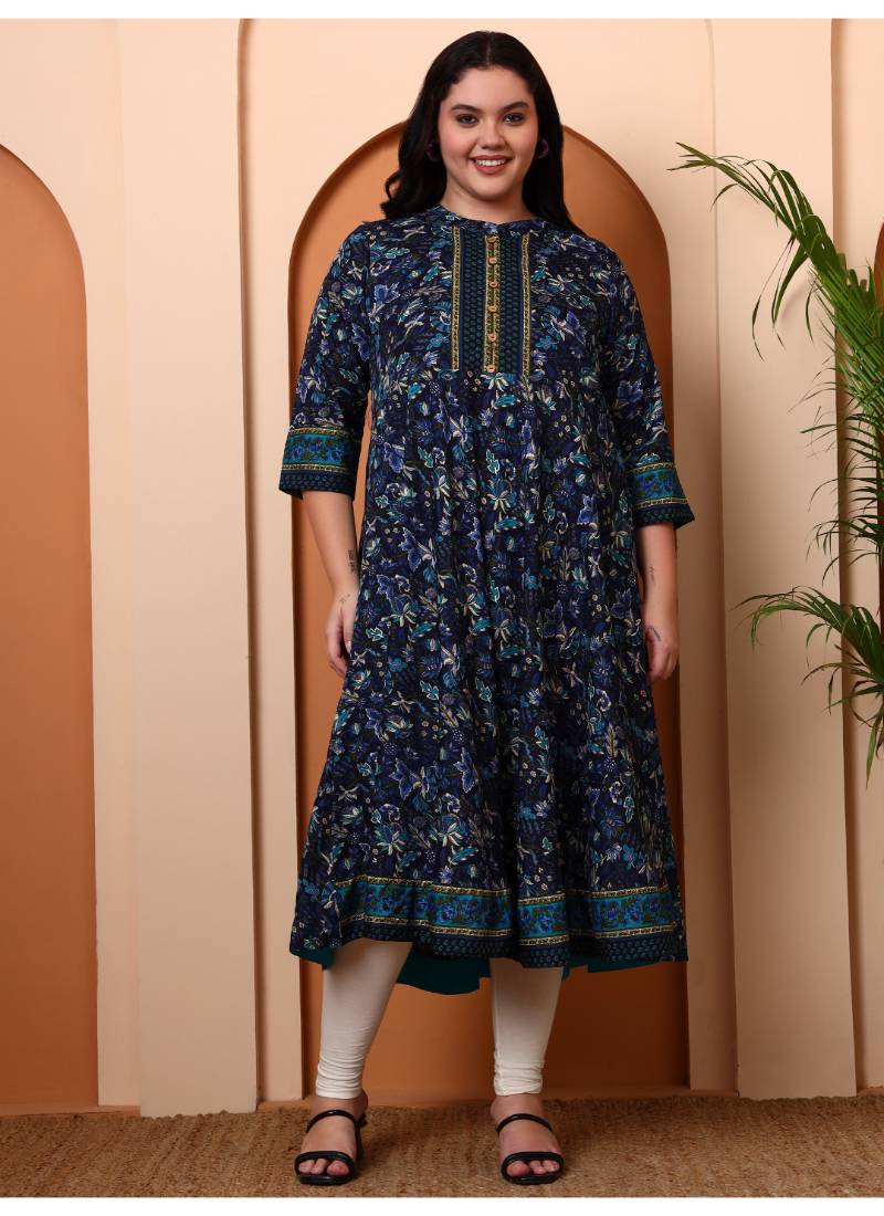 Women's polyester 3/4 sleeve mandarrian collar floral printed anarkali kurta –( blue)