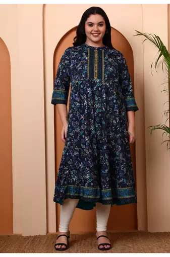 Women's polyester 3/4 sleeve mandarrian collar floral printed anarkali kurta –( blue)