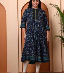 Women's polyester 3/4 sleeve mandarrian collar floral printed anarkali kurta    ( blue)