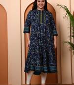 Women's polyester 3/4 sleeve mandarrian collar floral printed anarkali kurta    ( blue)