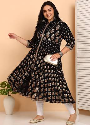 Women's rayon floral printed anarkali kurta (black) 3