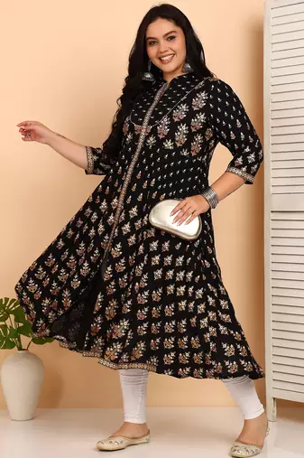 Women's rayon floral printed anarkali kurta (black)
