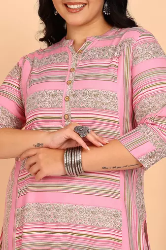 Women's plus size rayon printed straight kurti, mandarin collar, 3/4th sleeves (pink)