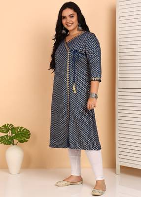 Women   s rayon plus size angrakha kurti v-neck, 3/4 sleeves (blue) 3