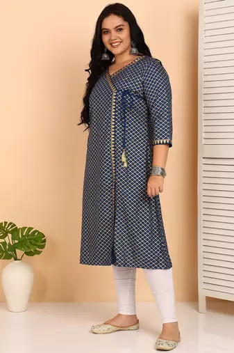 Women   s rayon plus size angrakha kurti v-neck, 3/4 sleeves (blue)