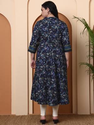 Women's polyester 3/4 sleeve mandarrian collar floral printed anarkali kurta    ( blue) 2