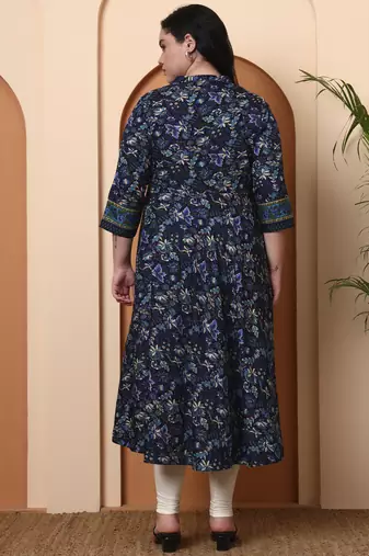 Women's polyester 3/4 sleeve mandarrian collar floral printed anarkali kurta    ( blue)