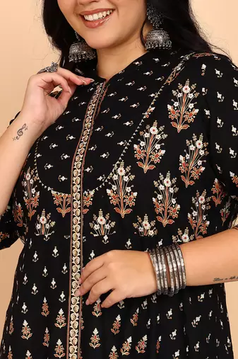 Women's rayon floral printed anarkali kurta (black)