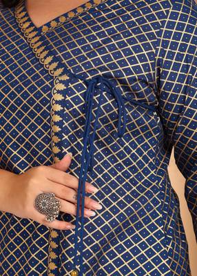 Women   s rayon plus size angrakha kurti v-neck, 3/4 sleeves (blue) 4