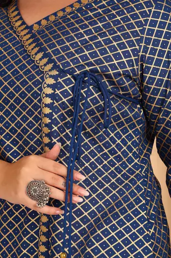 Women   s rayon plus size angrakha kurti v-neck, 3/4 sleeves (blue)