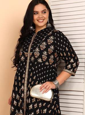 Women's rayon floral printed anarkali kurta (black) 5