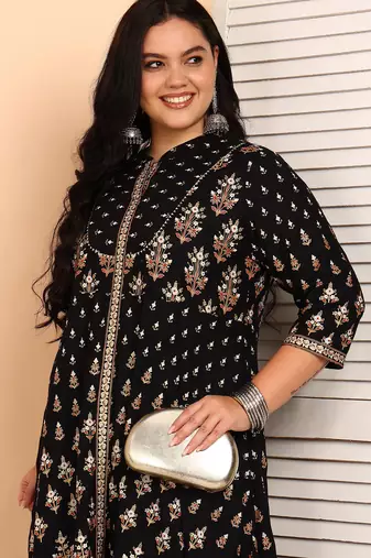 Women's rayon floral printed anarkali kurta (black)