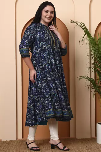 Women's polyester 3/4 sleeve mandarrian collar floral printed anarkali kurta    ( blue)