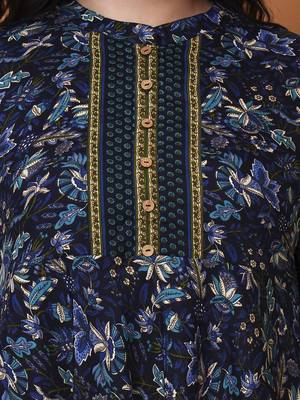 Women's polyester 3/4 sleeve mandarrian collar floral printed anarkali kurta    ( blue) 4
