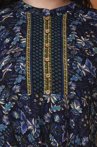 Women's polyester 3/4 sleeve mandarrian collar floral printed anarkali kurta    ( blue)