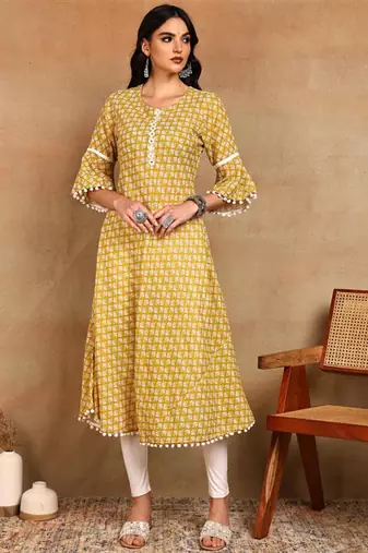 Women's poly cotton 3/4 sleeve anarkali kurti with pom pom lace & embroidery (yellow)