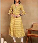 Women's poly cotton 3/4 sleeve anarkali kurti with pom pom lace & embroidery (yellow)