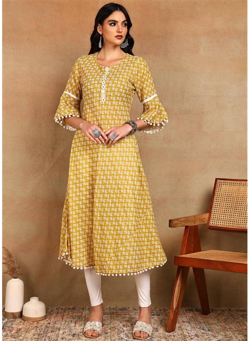 Women's poly cotton 3/4 sleeve anarkali kurti with pom pom lace & embroidery (yellow)