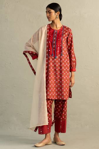 Red printed cotton kurta set