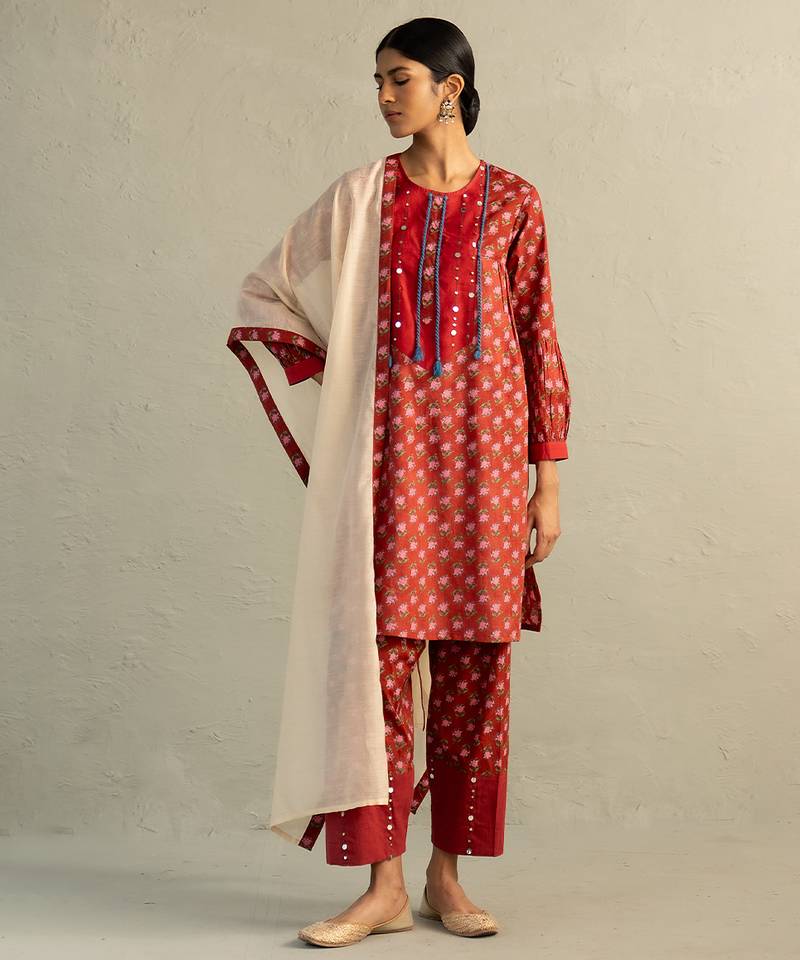 Red printed cotton kurta set