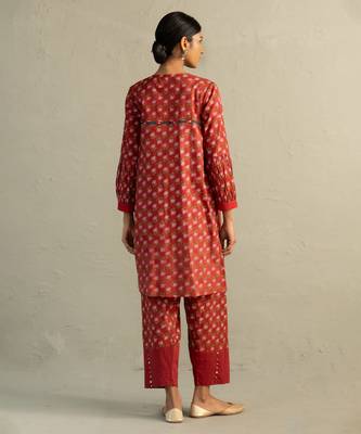 Red printed cotton kurta set 4
