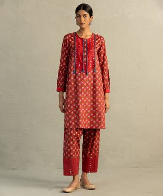 Red printed cotton kurta set 5