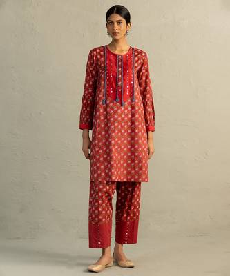 Red printed cotton kurta set 1