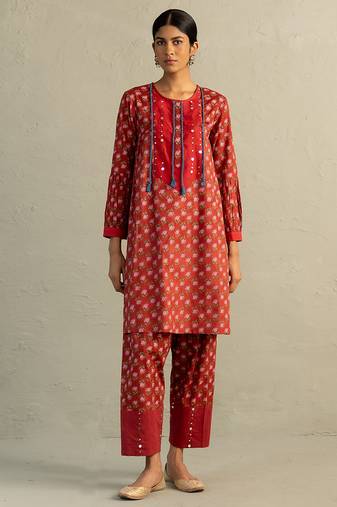 Red printed cotton kurta set