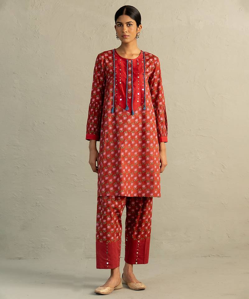 Red printed cotton kurta set