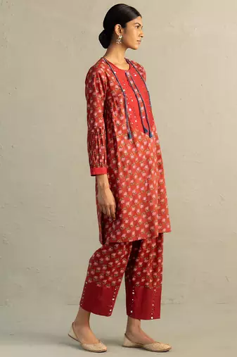 Red printed cotton kurta set