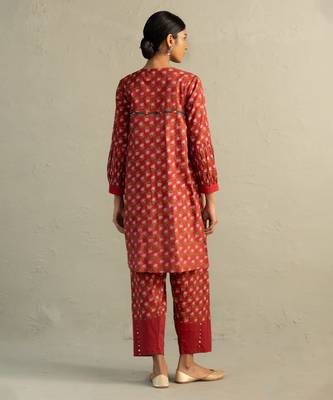 Red printed cotton kurta set 3