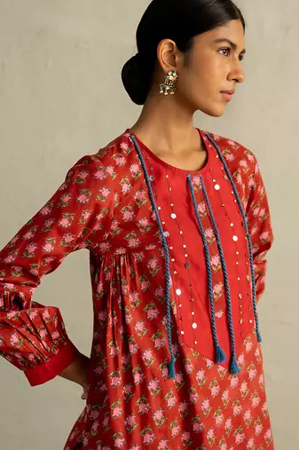 Red printed cotton kurta set