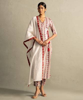 Cream red printed cotton kurta set 1