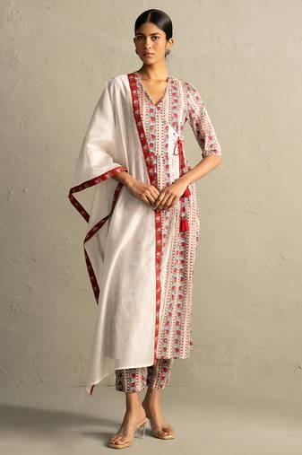 Cream red printed cotton kurta set