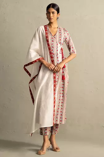 Cream red printed cotton kurta set