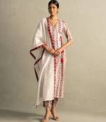 Cream red printed cotton kurta set