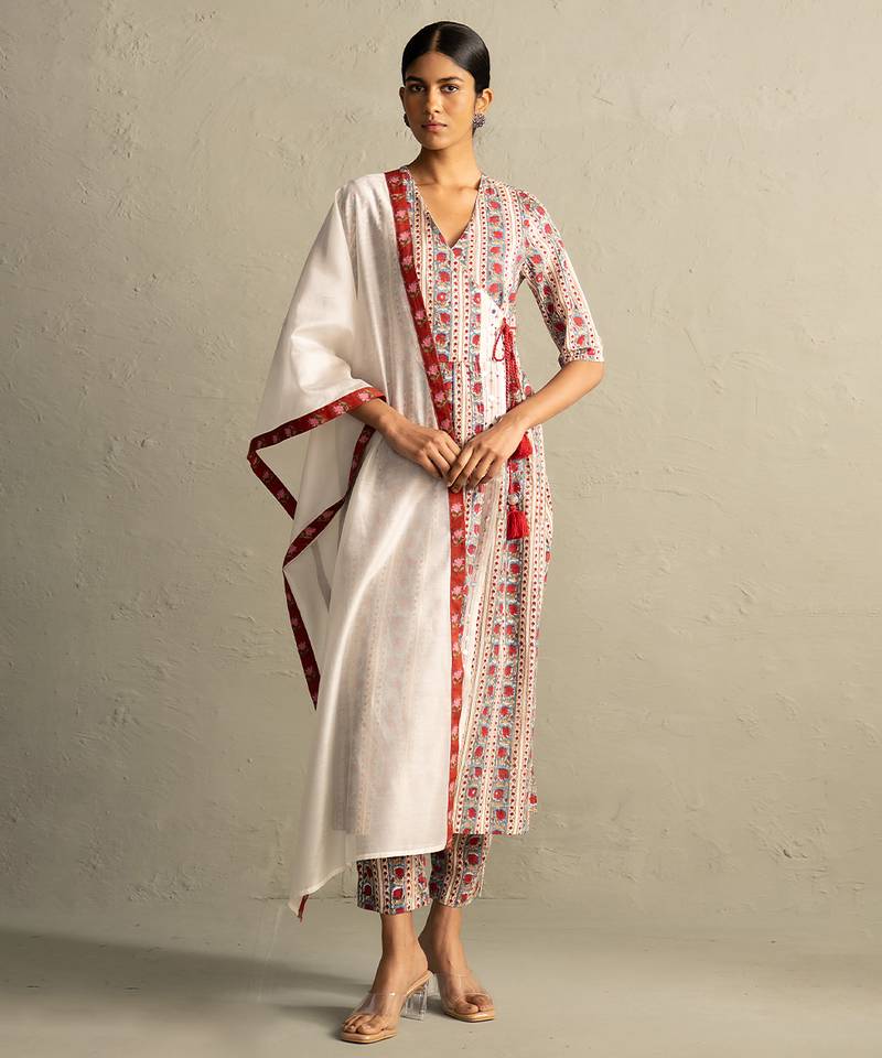 Cream red printed cotton kurta set