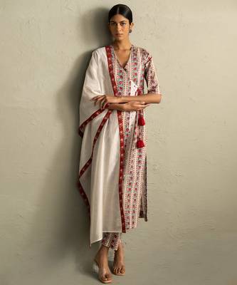 Cream red printed cotton kurta set 3