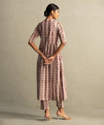 Cream red printed cotton kurta set 4