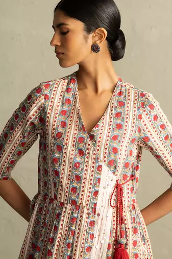Cream red printed cotton kurta set