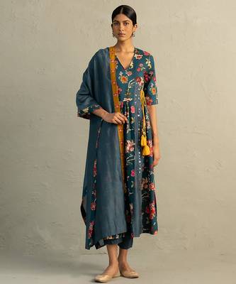 Teal blue printed cotton kurta set 1