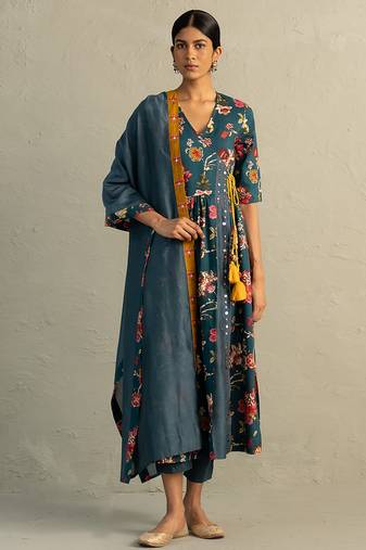 Teal blue printed cotton kurta set