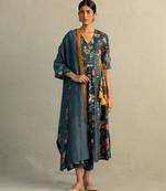 Teal blue printed cotton kurta set