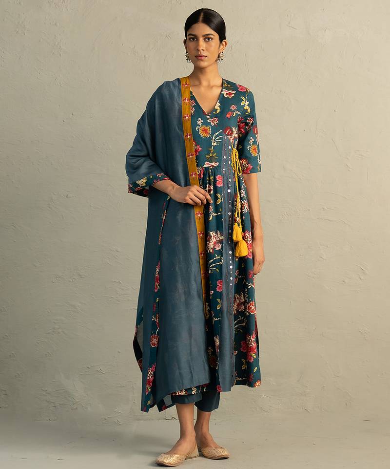 Teal blue printed cotton kurta set